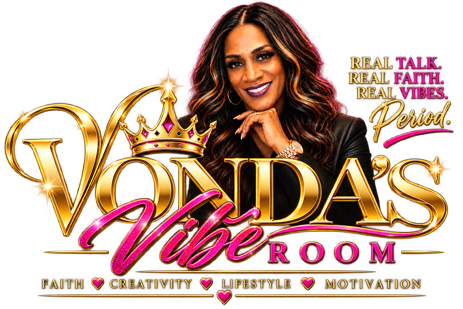 Vonda Morton smiling, with the Vonda’s Vibe Room logo: a gold crown, gold VONDA’S lettering and fuchsia Vibe script